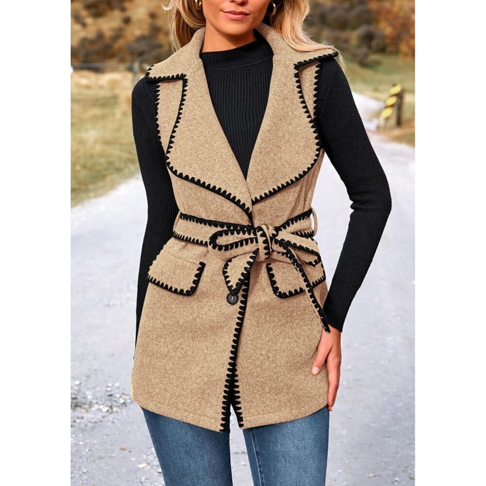Women's Tweed Vest Outerwear Large Sleeveless Button Belt Fall Winter - Picture 8 of 9